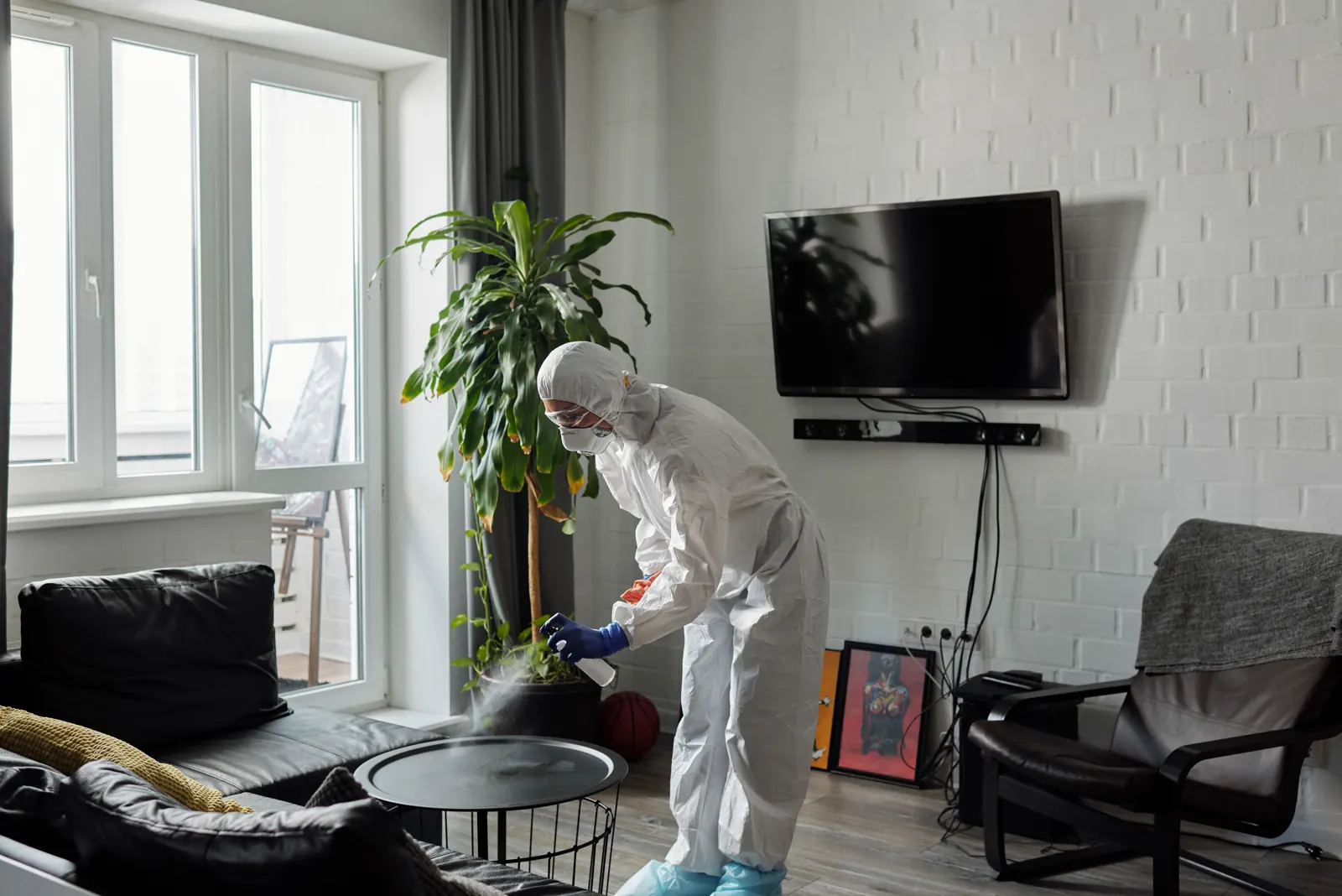 Cleaner working in a bright living room.