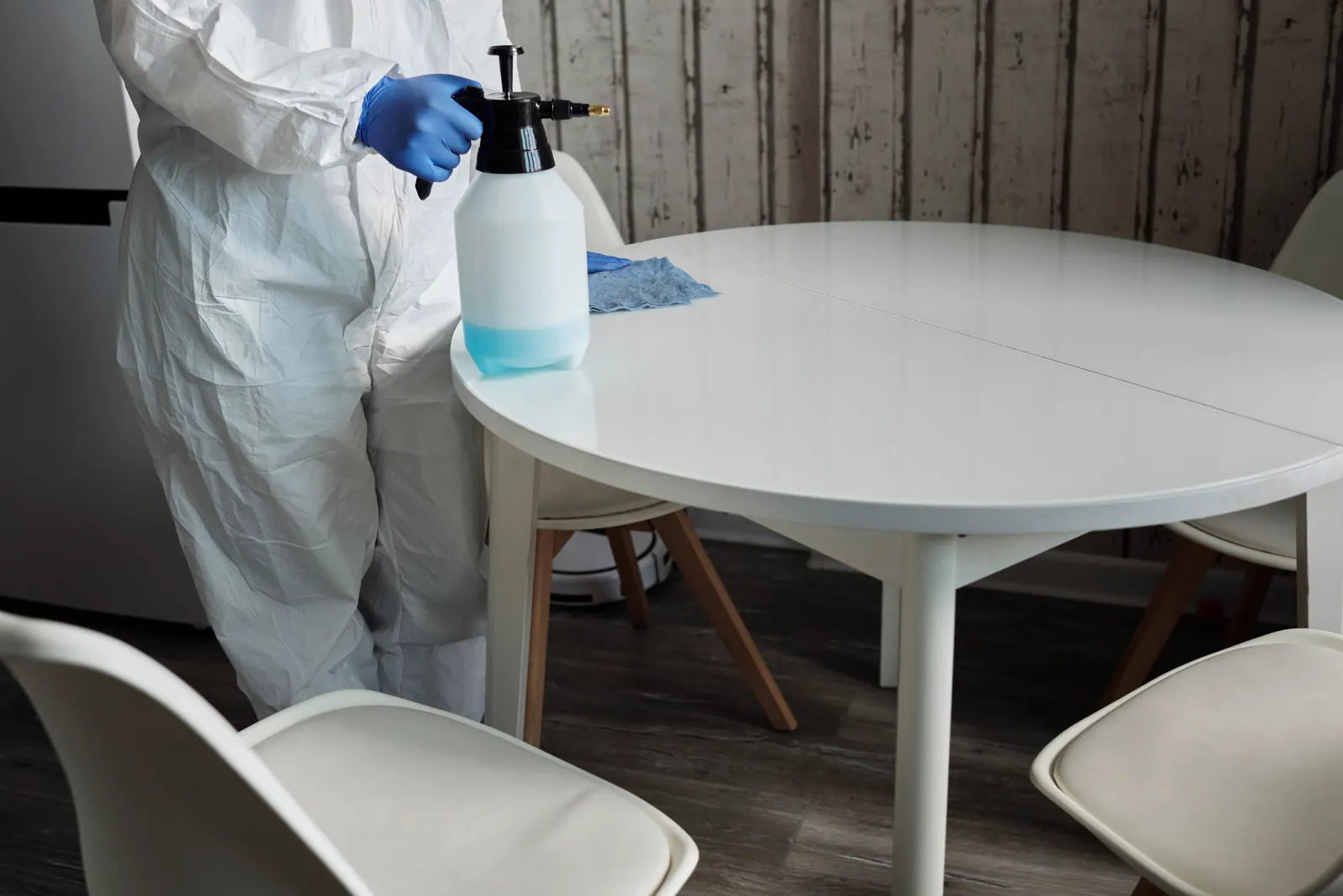 A cleaner holding a spray bottle and cloth in a bright home.