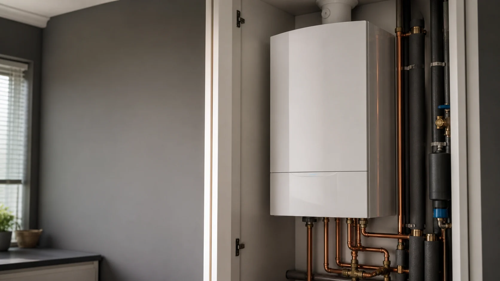 Modern white wall-mounted boiler and copper pipework in a tidy utility cupboard
