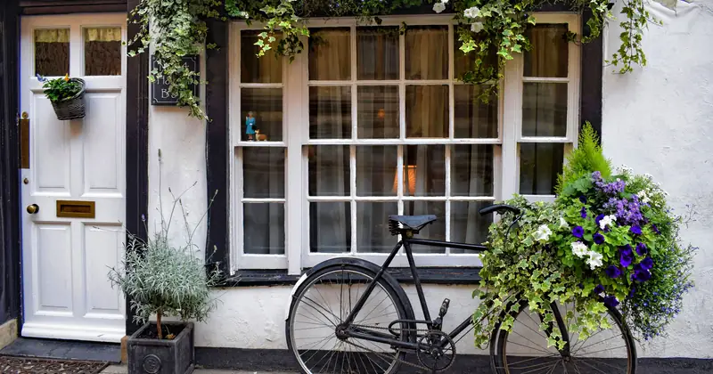A vintage bicycle adorned with beautiful flowers parked outside a quaint guesthouse window.