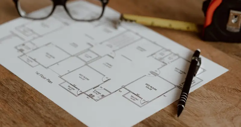 From above of ruler with pencil and glasses placed on paper sheet of house plan for construction