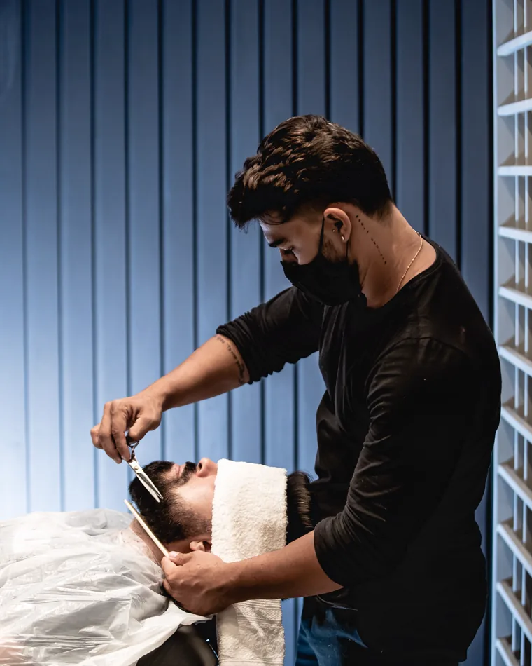 Fictional barber Ash in the studio