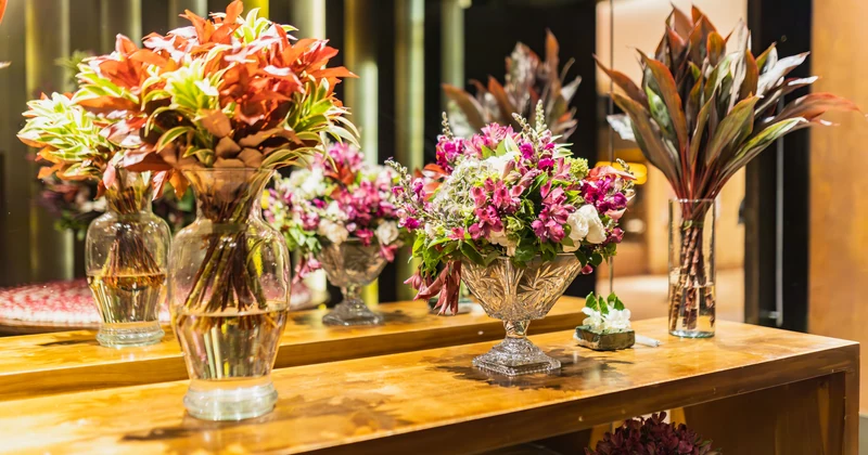 A circular flower arrangement in a soft palette.