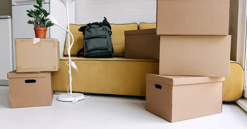 Cardboard boxes and a backpack in a cozy living room signify moving day excitement.