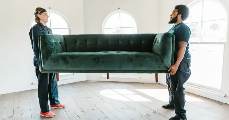 Two men lifting a green sofa in a well-lit room with arched windows.