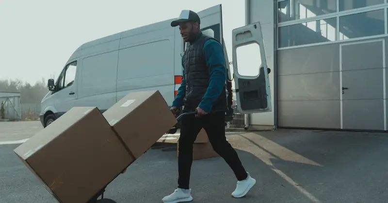 Courier pushing a trolley with boxes near a van at a warehouse, showcasing delivery services.