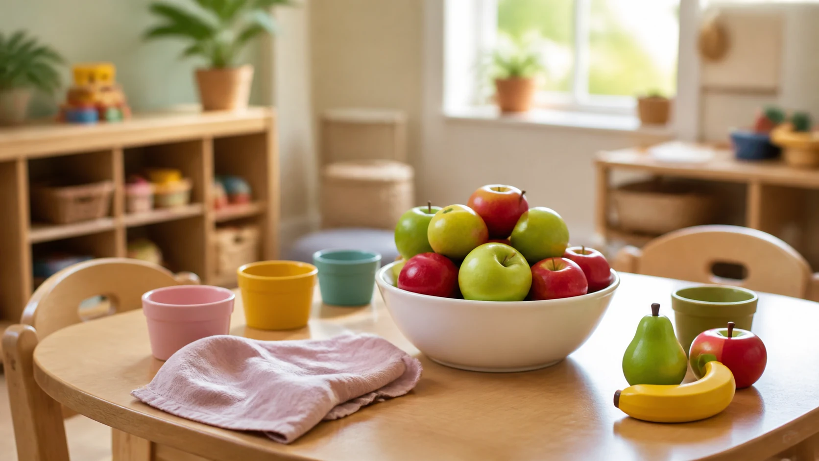 A bright classroom corner with low shelves, a table and colourful fruit.