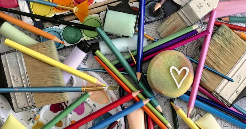 Colourful art materials arranged for a school project.