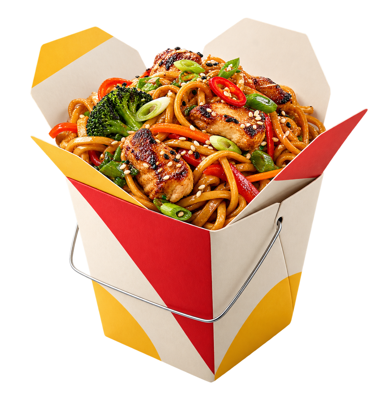 Original takeaway carton packed with chilli noodles.