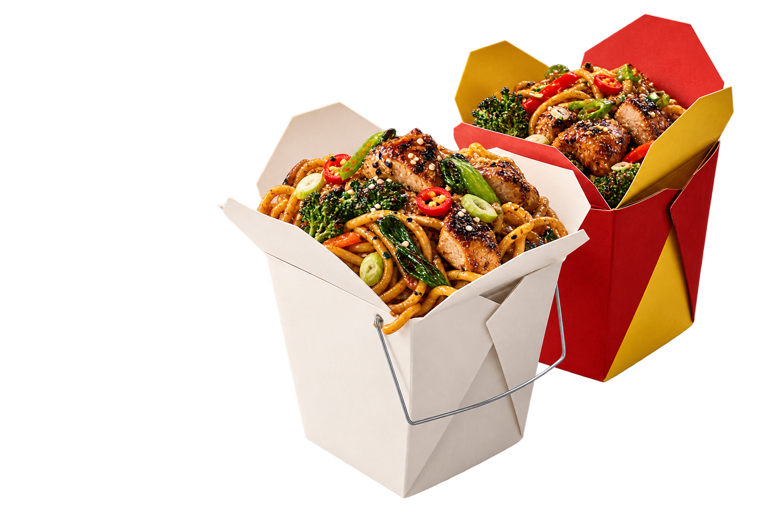 Original KILN & WOK takeaway cartons filled with glossy noodles, charred chicken, chilli, spring onion and greens.