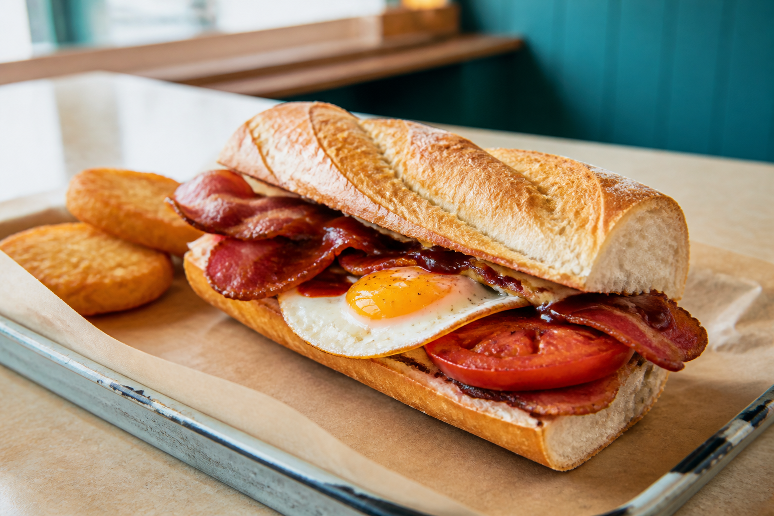 Bacon baguette with egg, tomato and sauce
