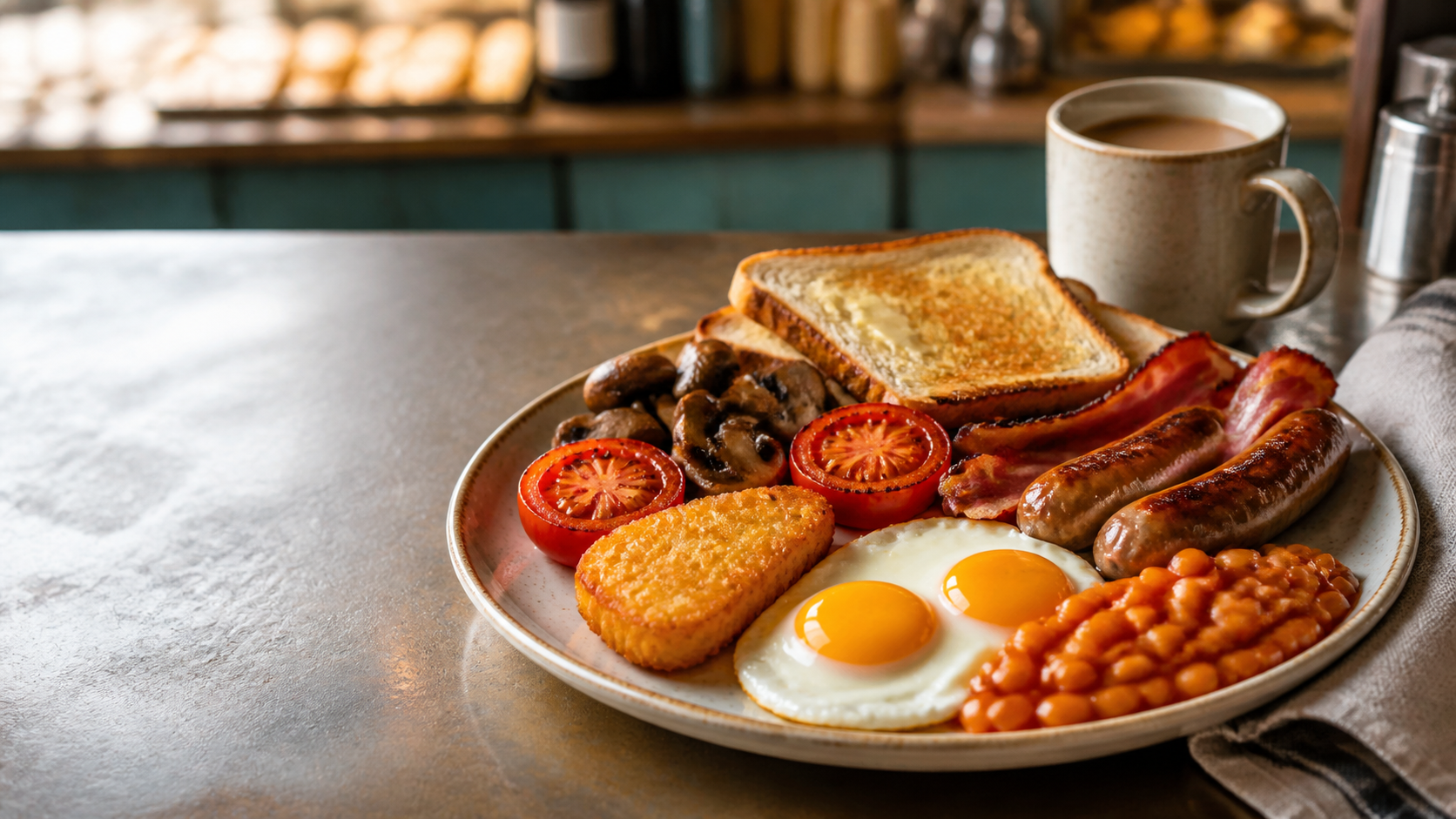 Full English breakfast with bacon, sausages, eggs, beans, tomatoes, mushrooms, hash brown and toast