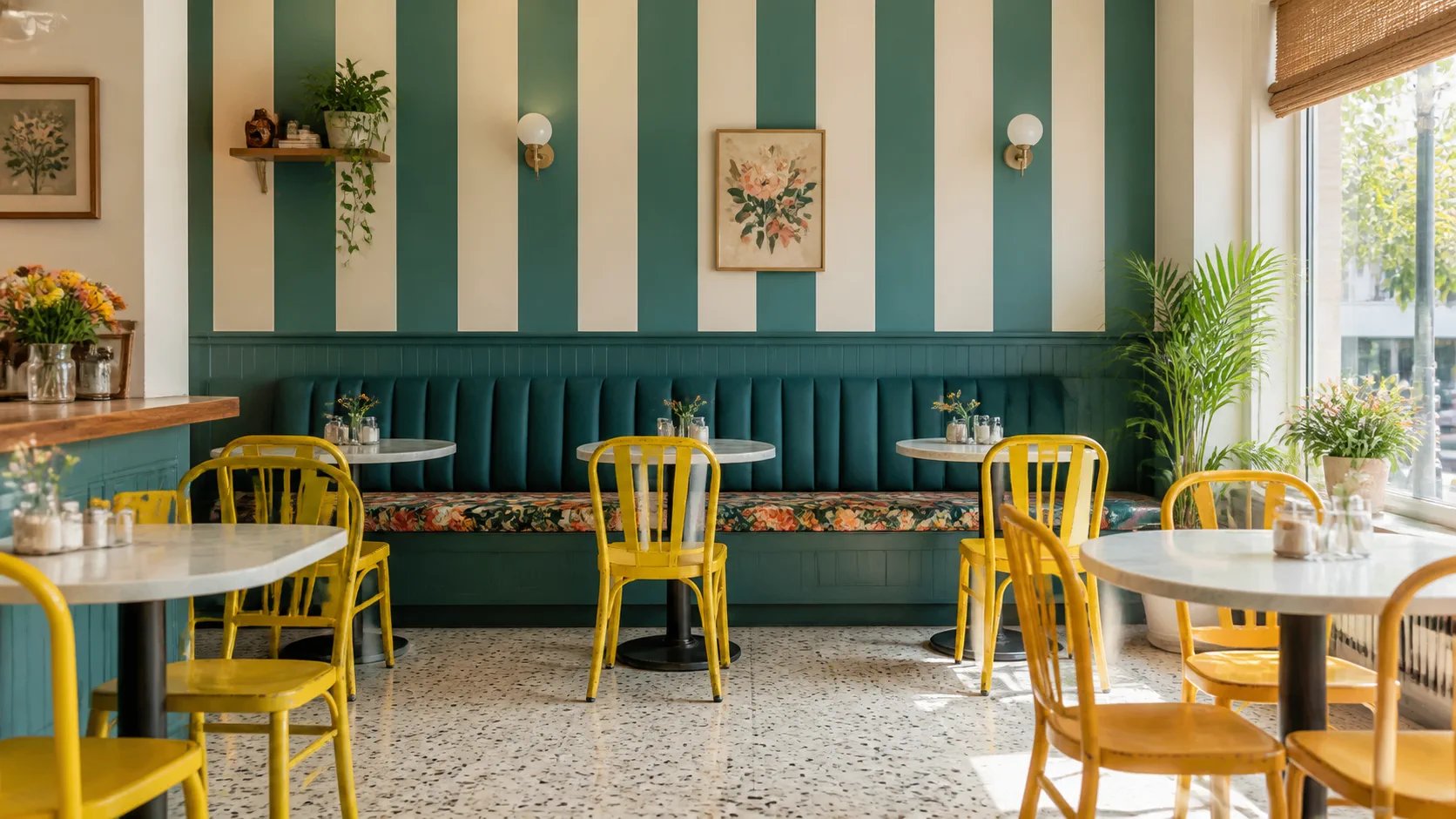 Original teal-and-cream café interior with yellow chairs and a breakfast counter