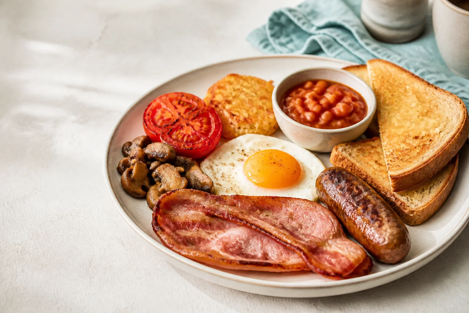 Full English breakfast with bacon, sausage, egg, beans, tomato, mushrooms, hash brown and toast