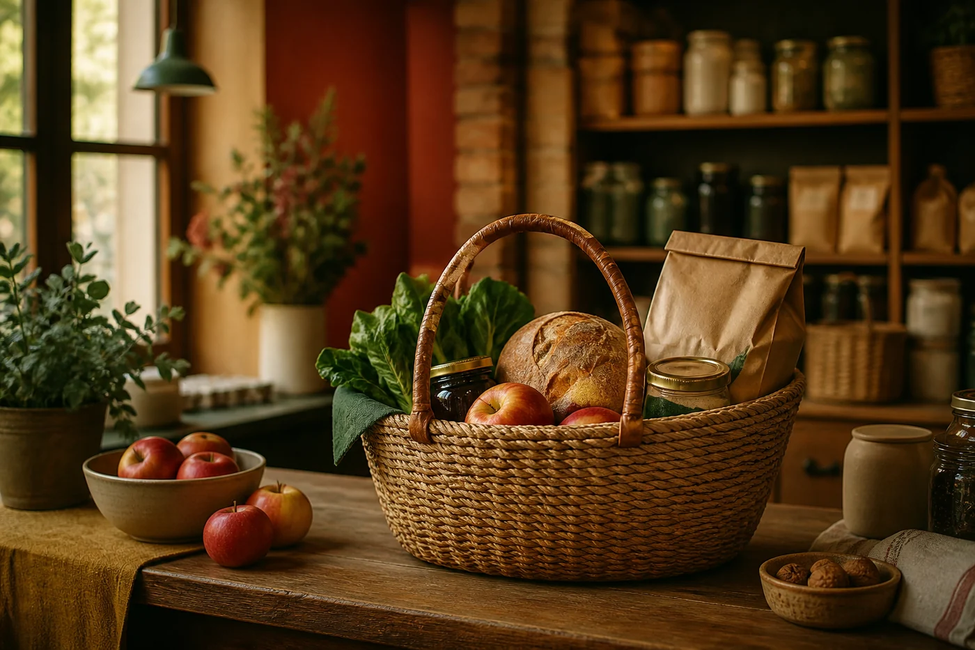 Illustrative basket of bread, fruit and pantry goods inside the fictional store