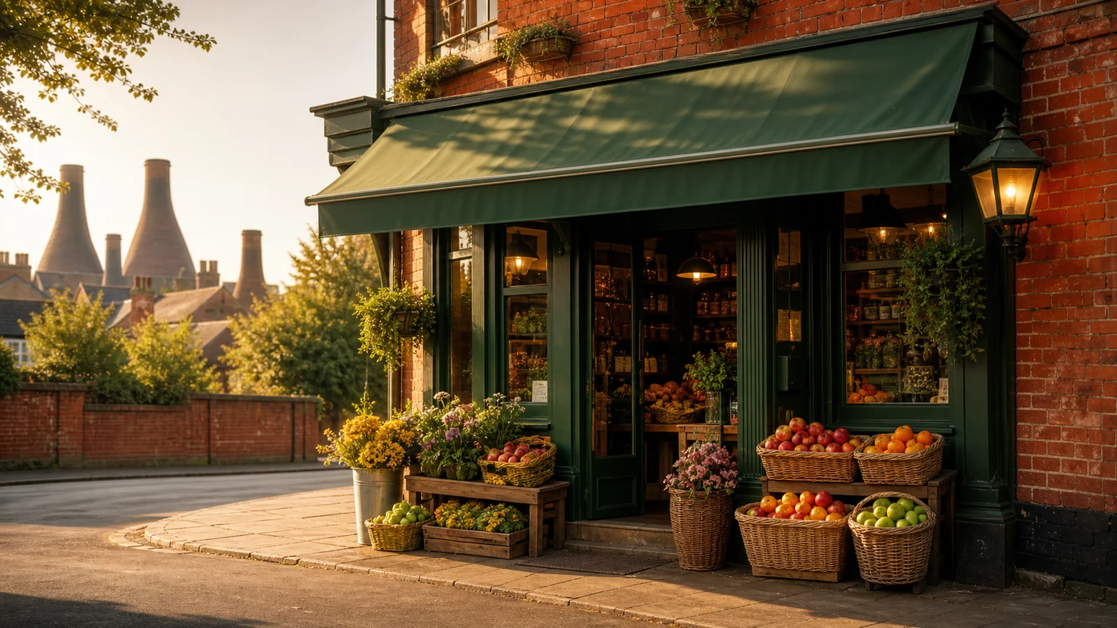 Warm fictional corner shop with baskets outside and bottle kilns behind it