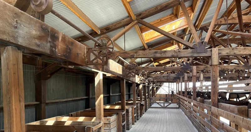 Timber loft with long tables and a warm, quiet atmosphere